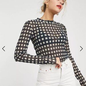 & Other Stories Navy Blue and White Check Long Sleeve Top
